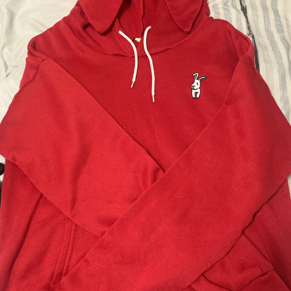 Small Red Hoodie with Bunny ears on Hood, with white embroidered rabbit on front